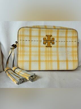 Tory Burch Yellow and White Plaid Leather Crossbody with Tassel